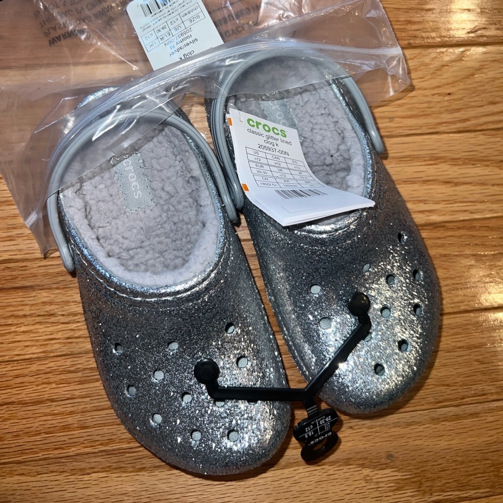 Silver glittery fleece lined Crocs size 12c
